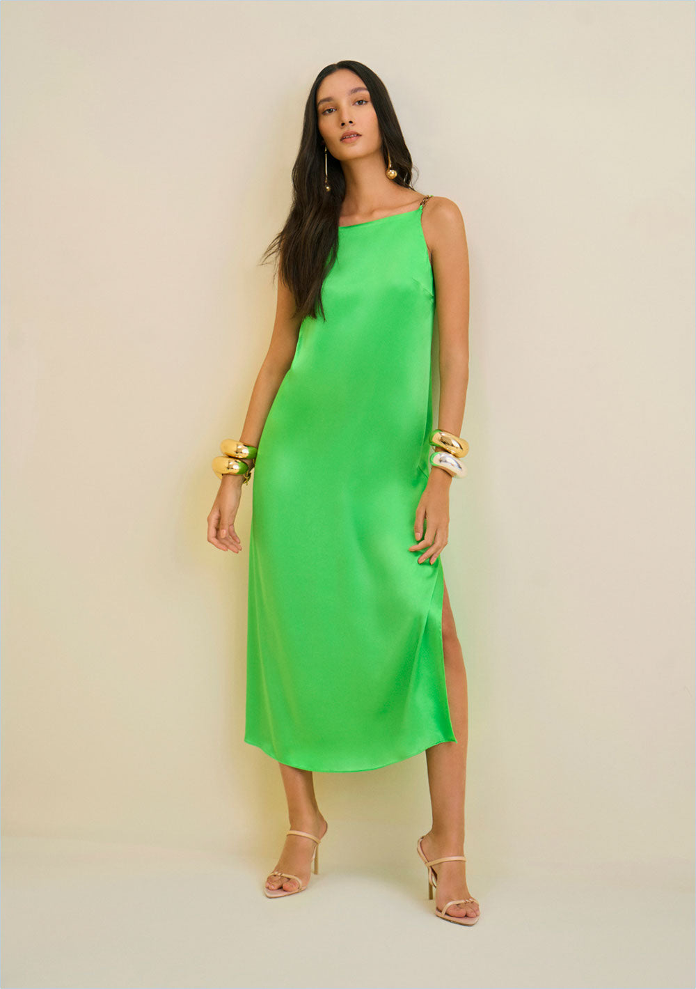 Vestido Midi Escote Recto Con Faja