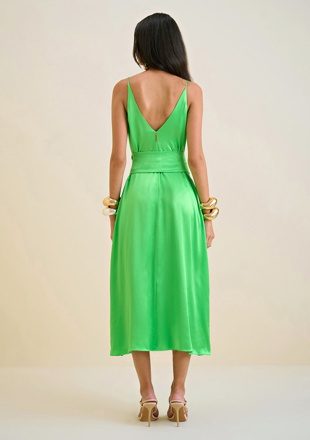 Vestido Midi Escote Recto Con Faja