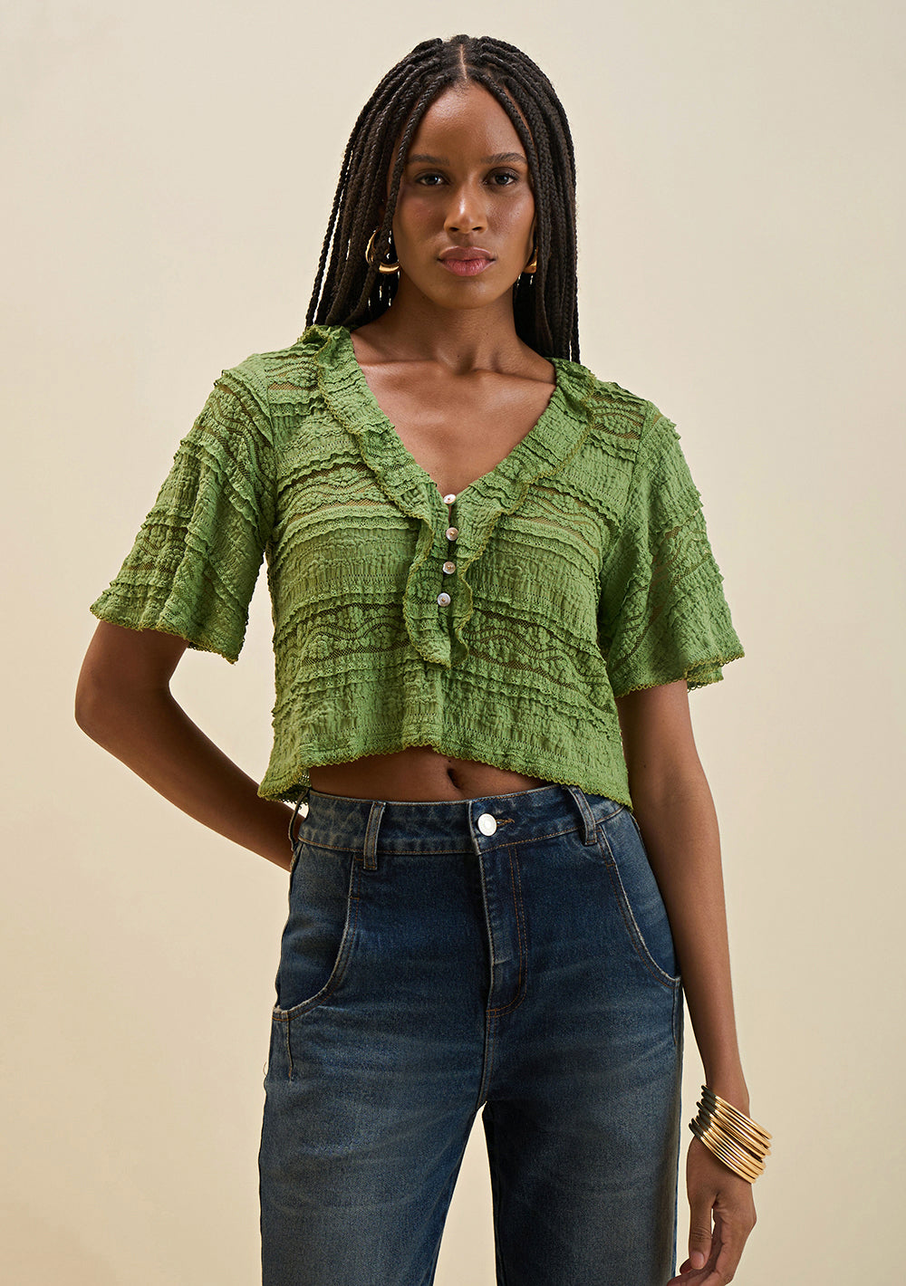 Blusa Suelta Escote En V Mangas Cortas Cropped