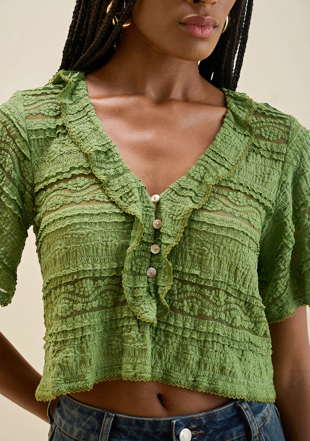 Blusa Suelta Escote En V Mangas Cortas Cropped