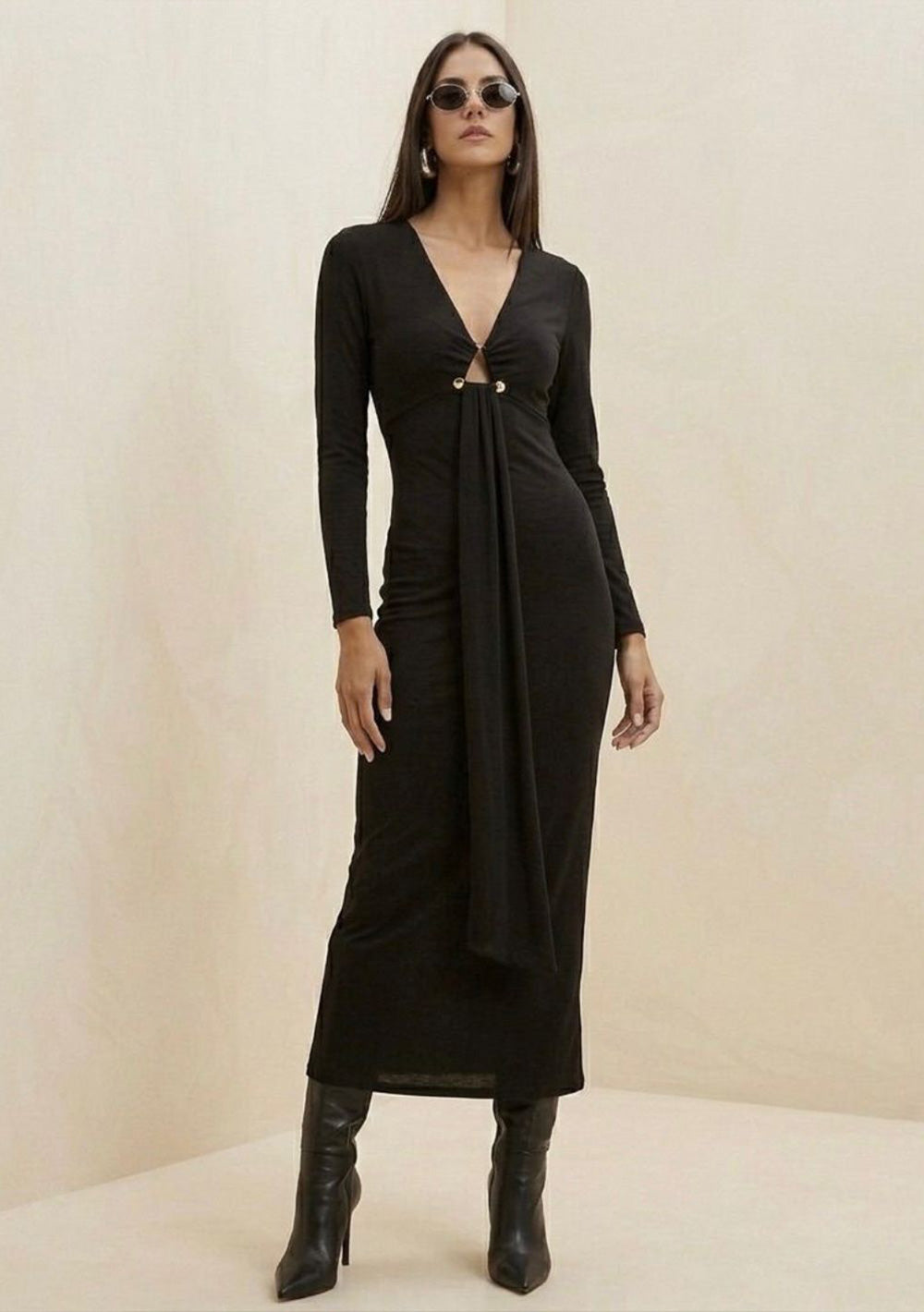Vestido Ajustado Escote en V Mangas Largas Largo