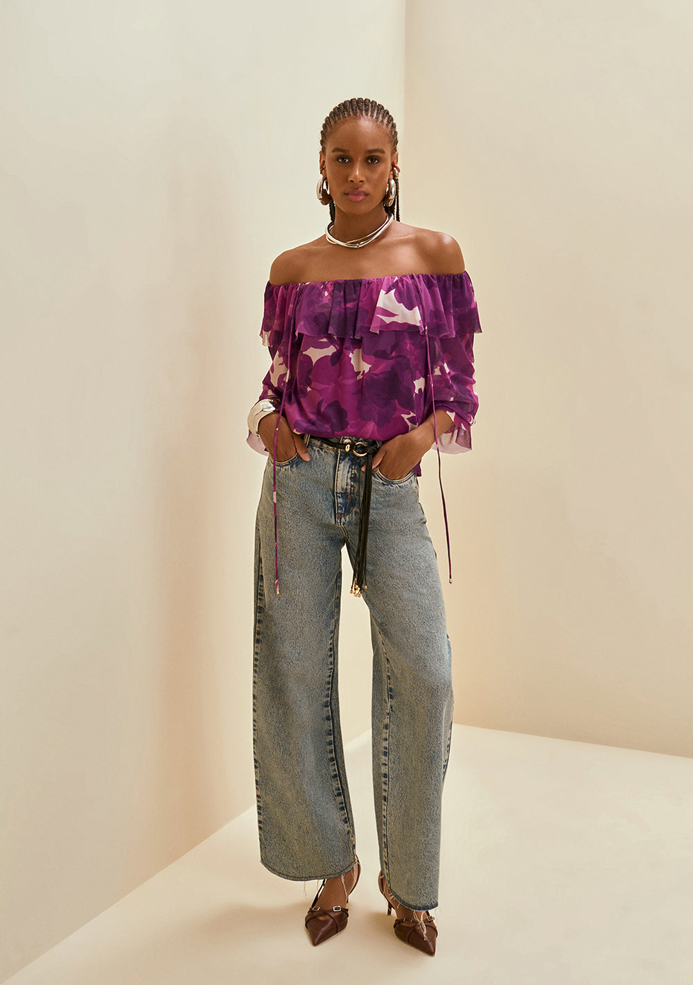 Blusa Suelta Hombro A Hombro Mangas Largas