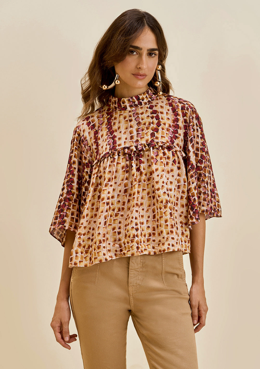 Blusa Suelta Escote Redondo Mangas Cortas Cropped