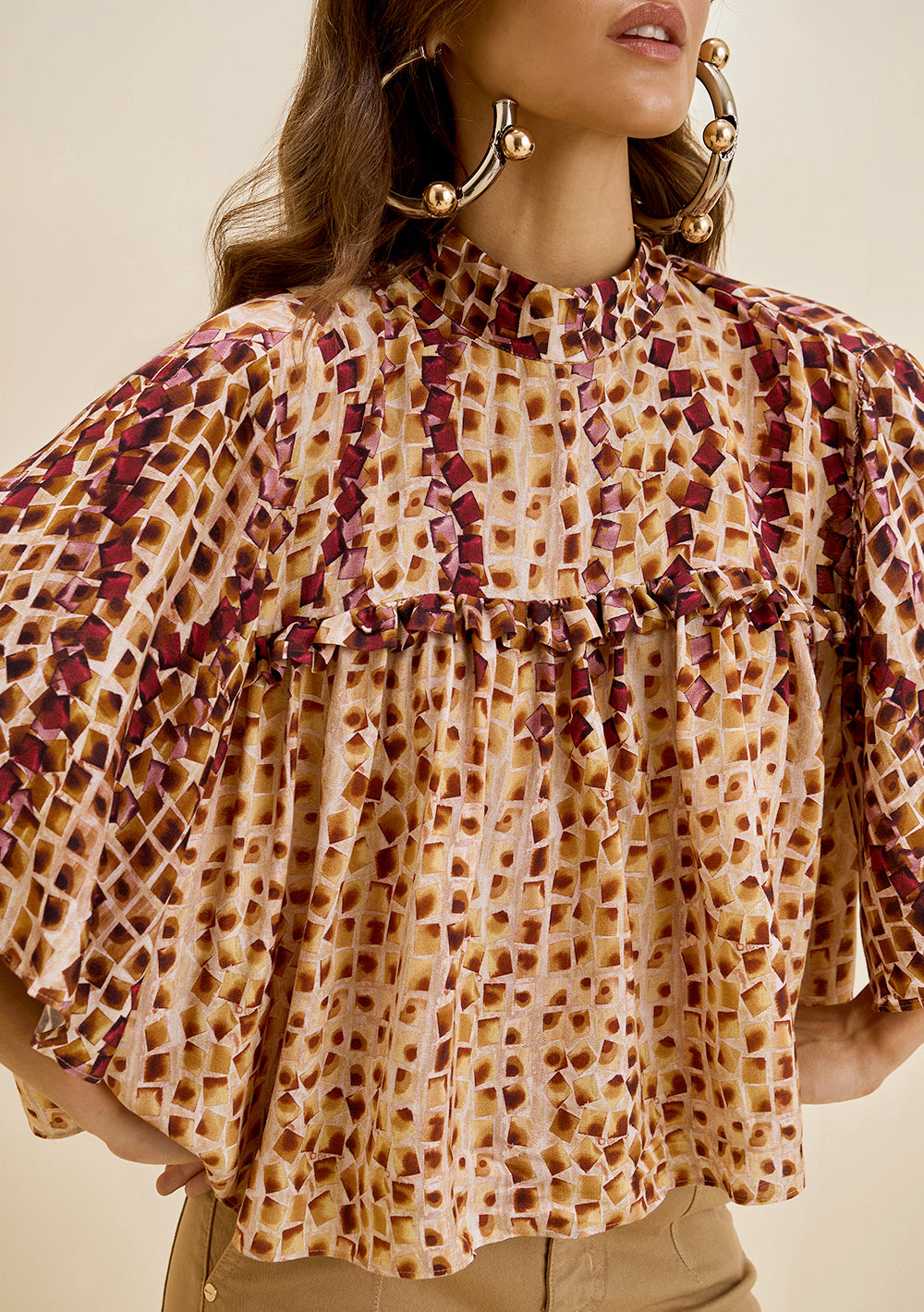 Blusa Suelta Escote Redondo Mangas Cortas Cropped