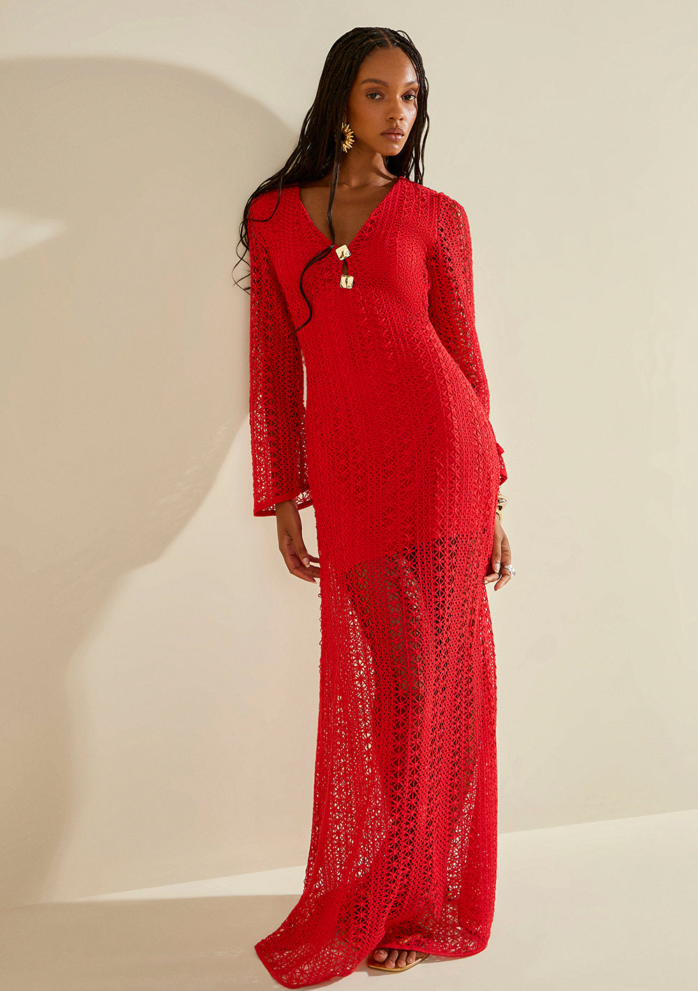 Vestido Suelto Escote en V Mangas Largas Largo