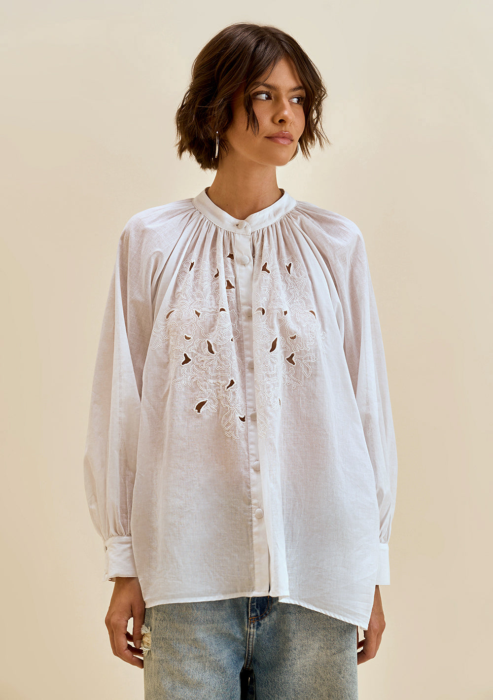 Camisa Suelta Cuello Mao Mangas Largas