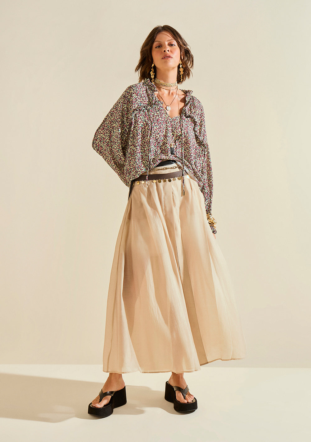Blusa Suelta Escote en V Mangas Largas