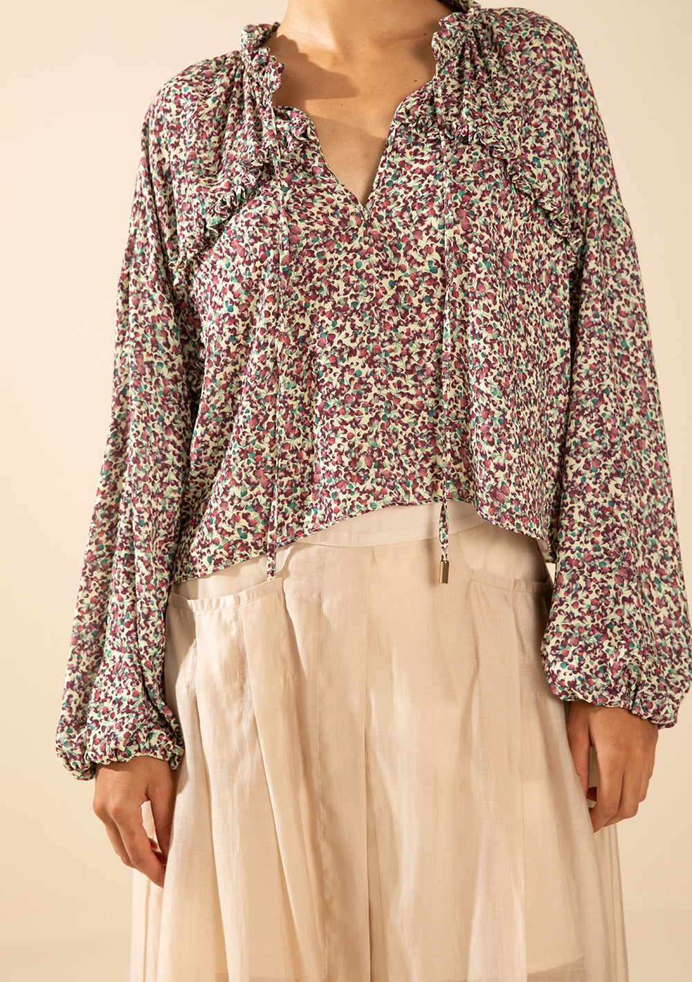 Blusa Suelta Escote en V Mangas Largas