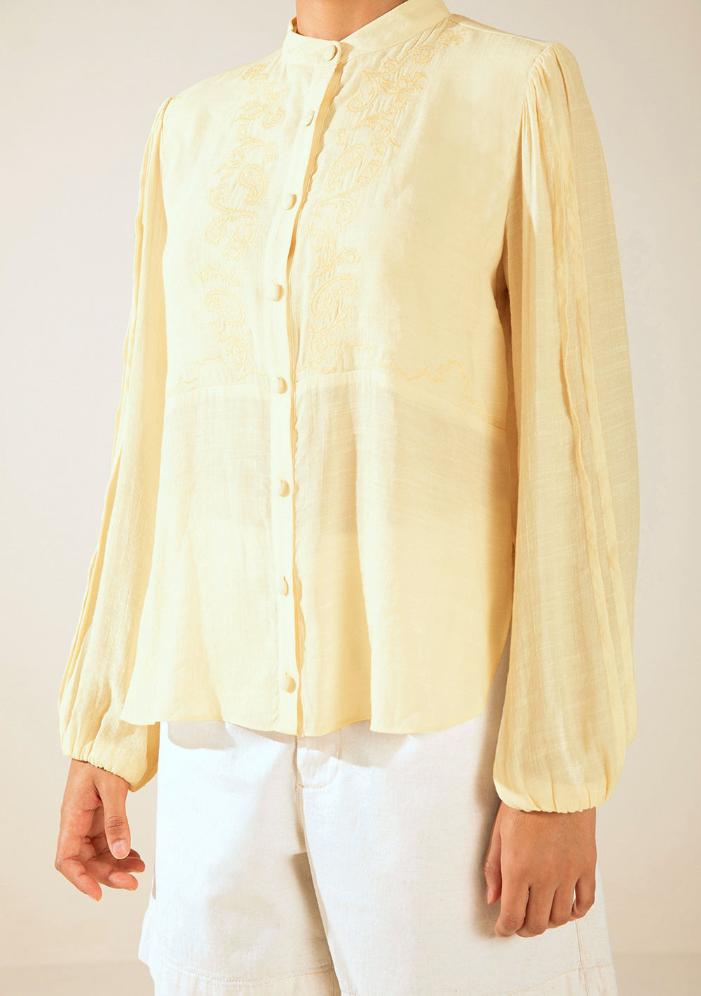 Camisa Suelta Cuello Mao Mangas Largas