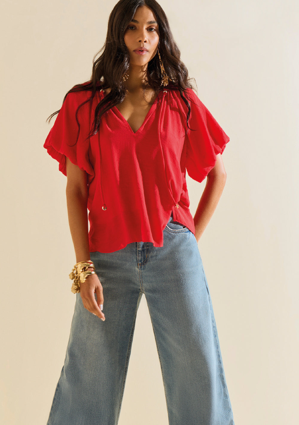 Blusa Suelta Escote En V Mangas Cortas