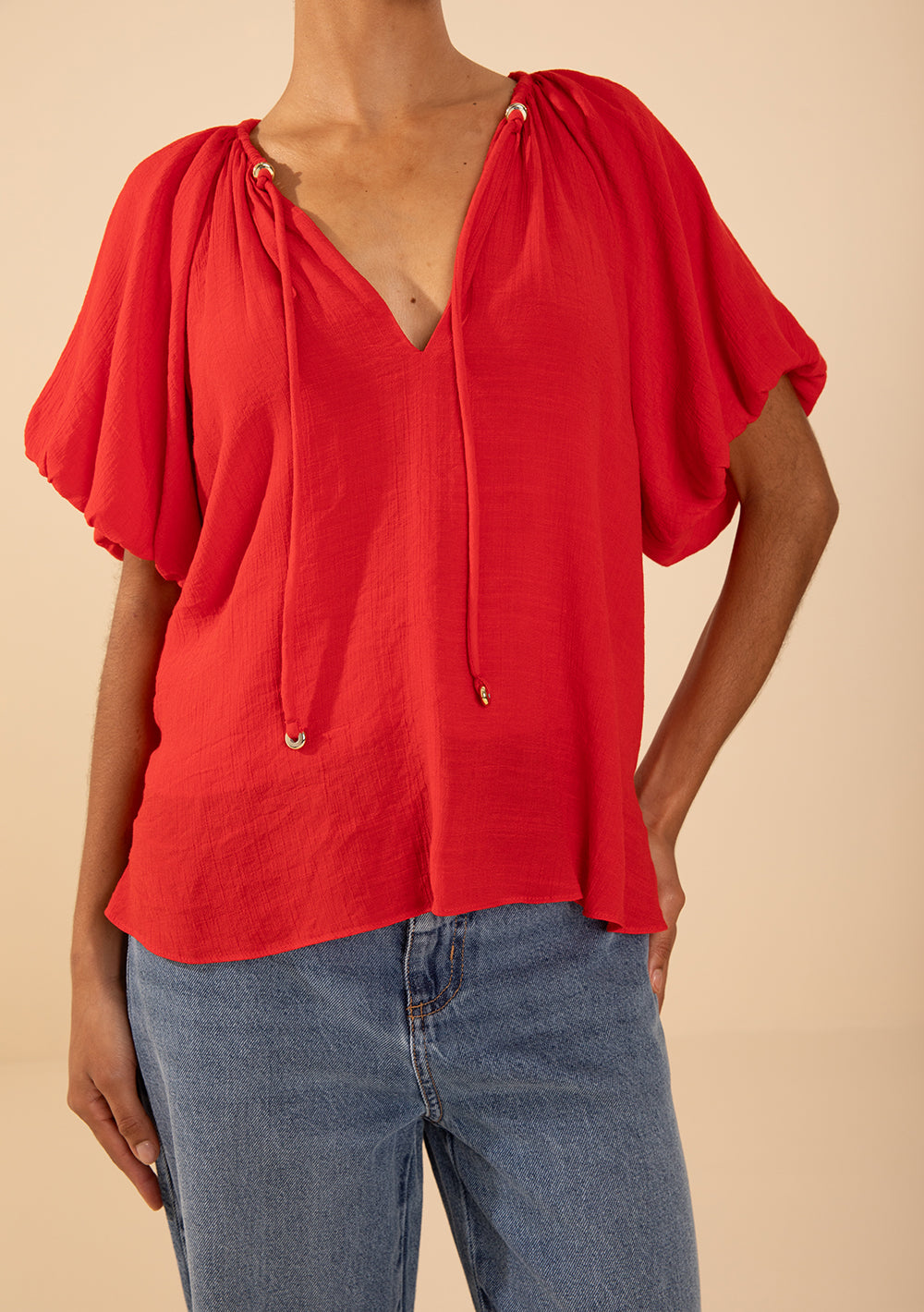 Blusa Suelta Escote En V Mangas Cortas