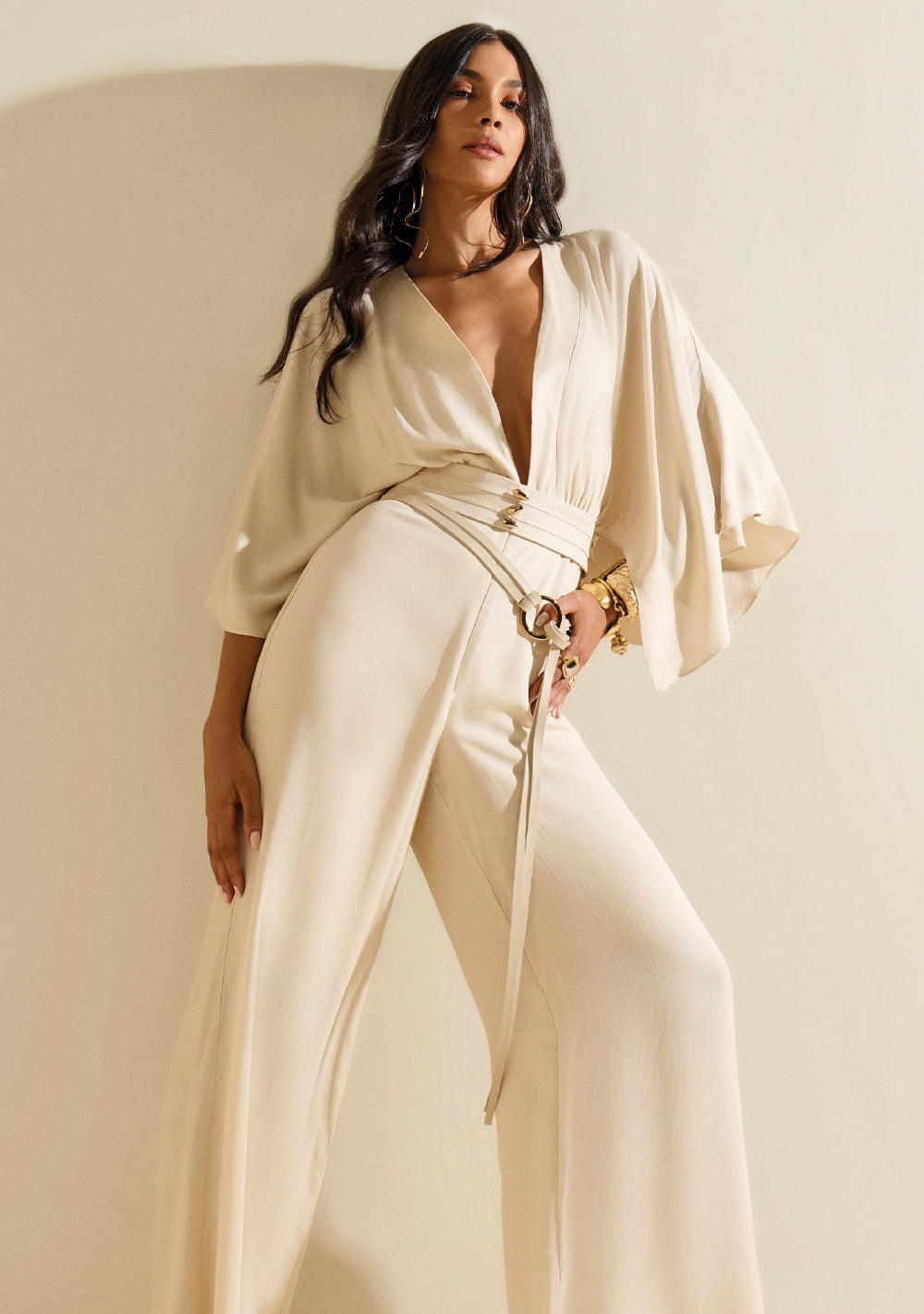 Enterizo Largo Suelto Escote En V Mangas Largas