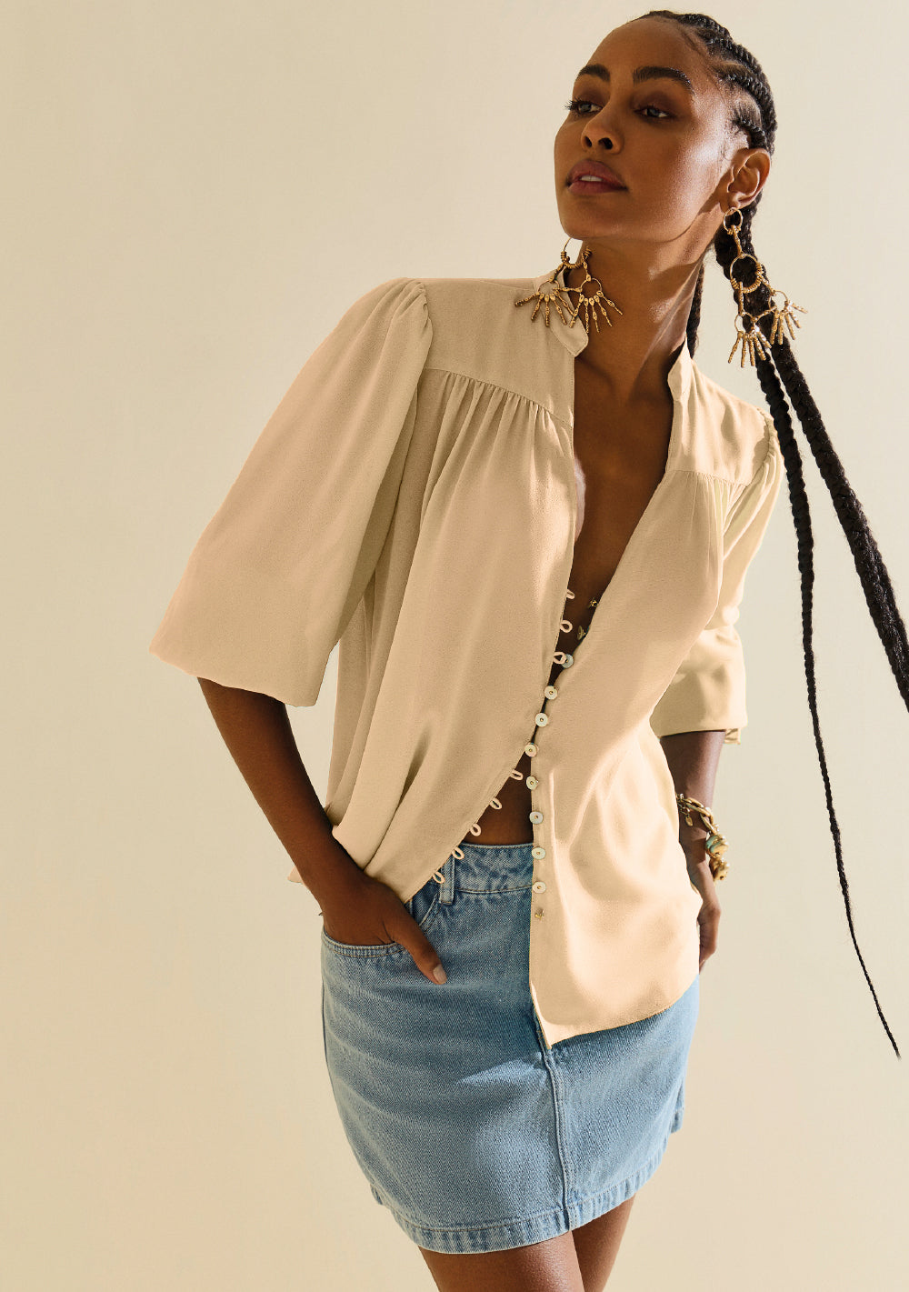 Blusa Suelta Escote En V Mangas Largas