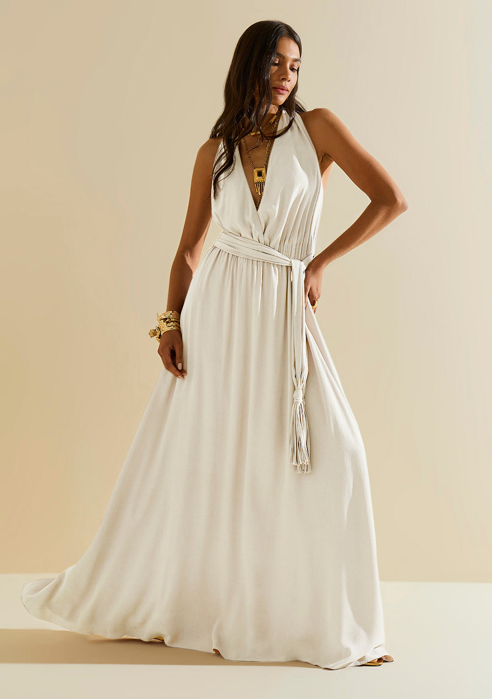 Vestido Ajustado Escote Cruzado Sin Mangas Largo