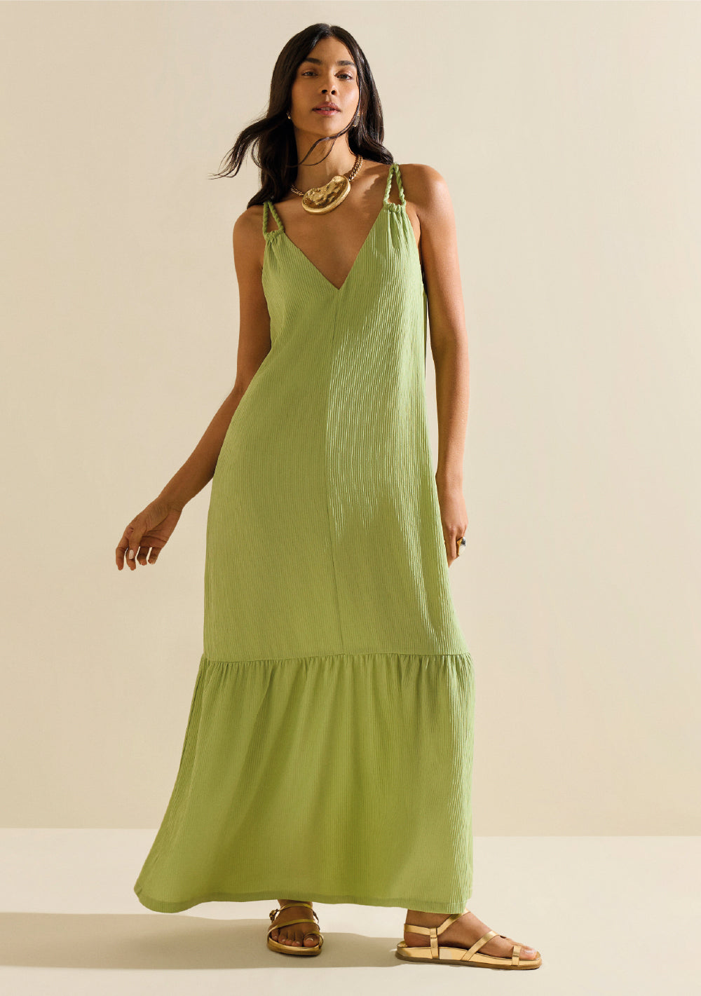 Vestido Suelto Escote En V Con Tirantes Largo