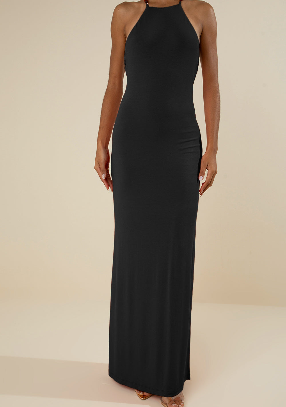 Vestido Largo Ajustado Cuello Francés Con Tirantes