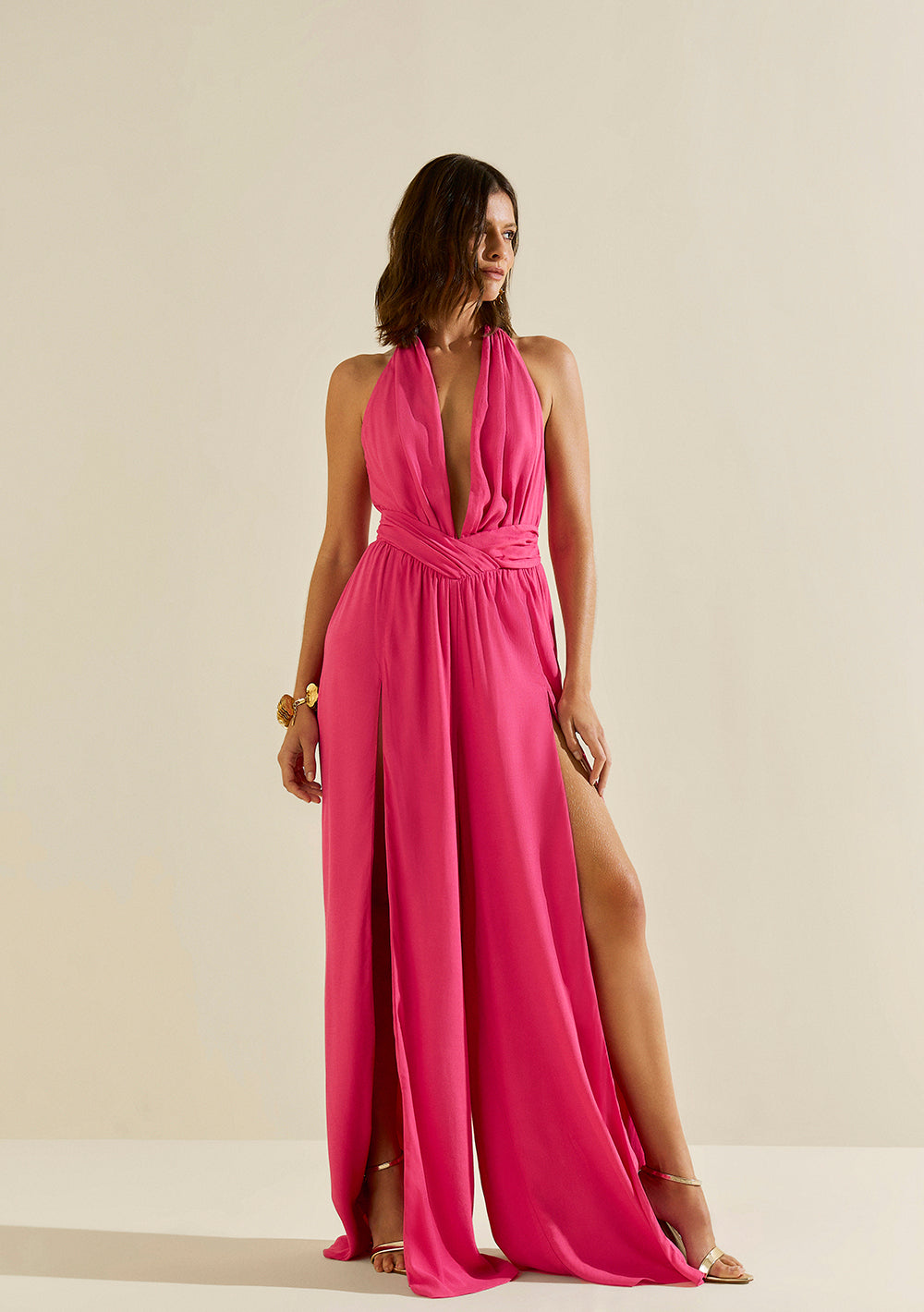 Enterizo Largo Suelto Escote En V Mangas Largas