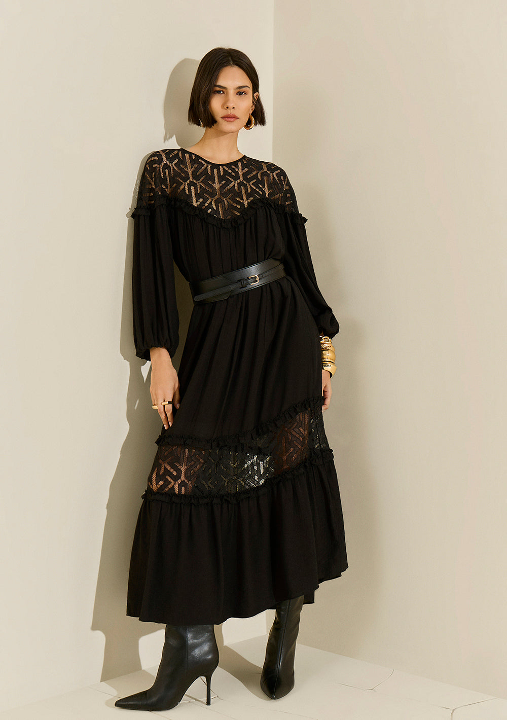 Vestido Midi Suelto Escote Redondo Mangas Largas