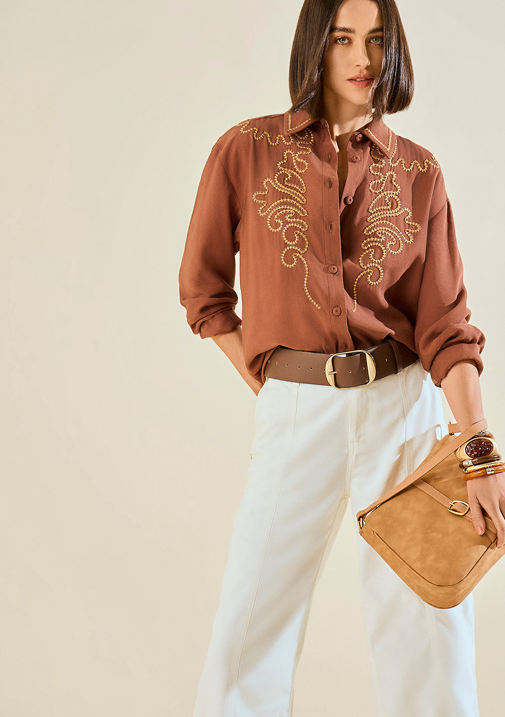 Blusa Suelta Cuello Clásico Mangas Largas