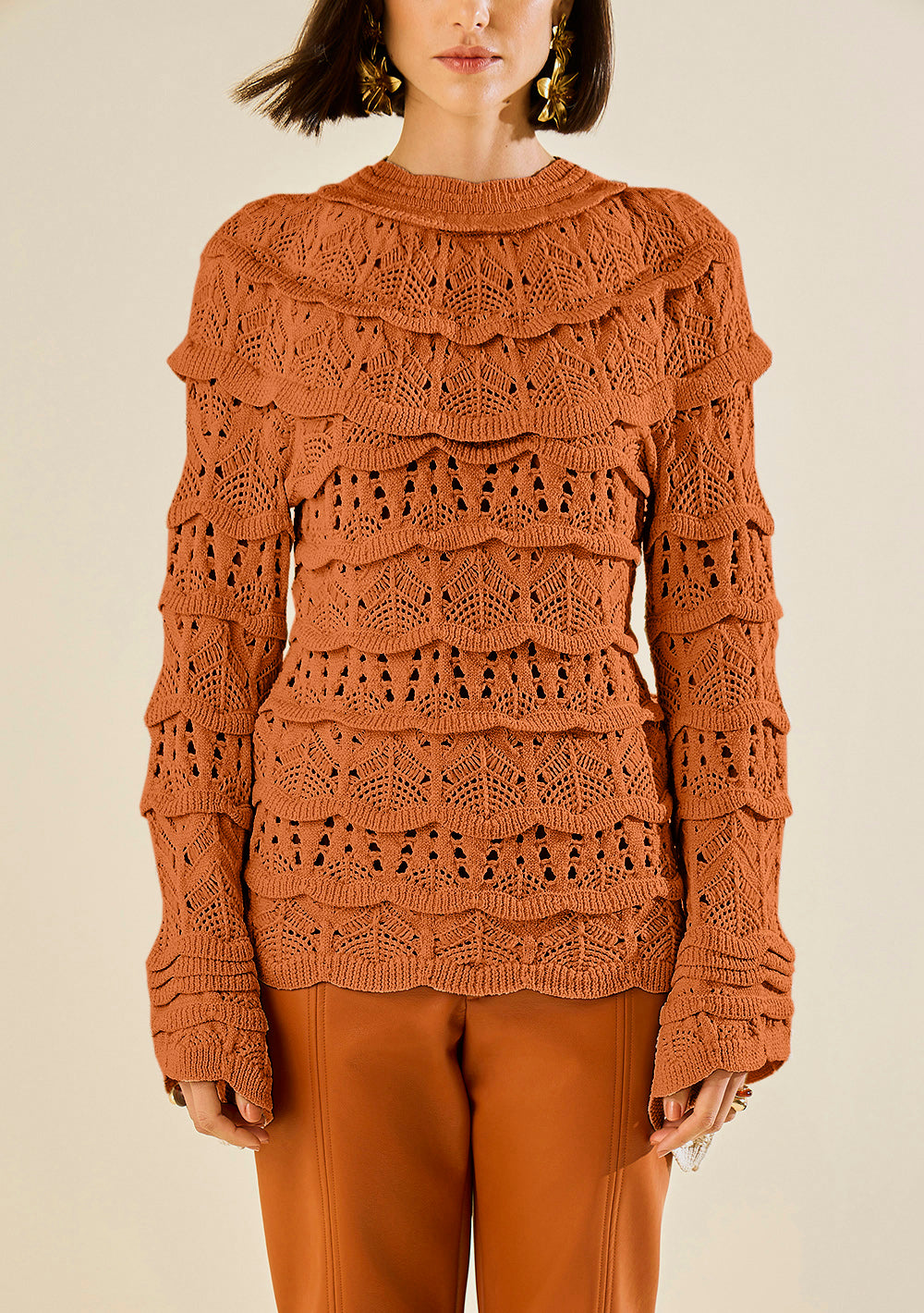 Blusa Larga Ajustada Cuello Redondo Mangas Largas
