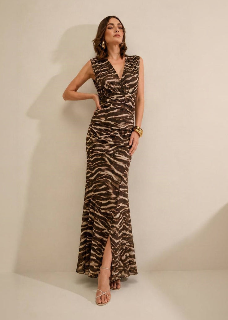 Vestido Largo Ajustado Escote en V Sin Mangas