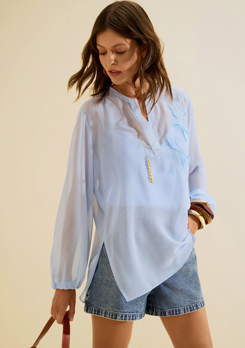 Blusa Suelta Escote en V Mangas Largas
