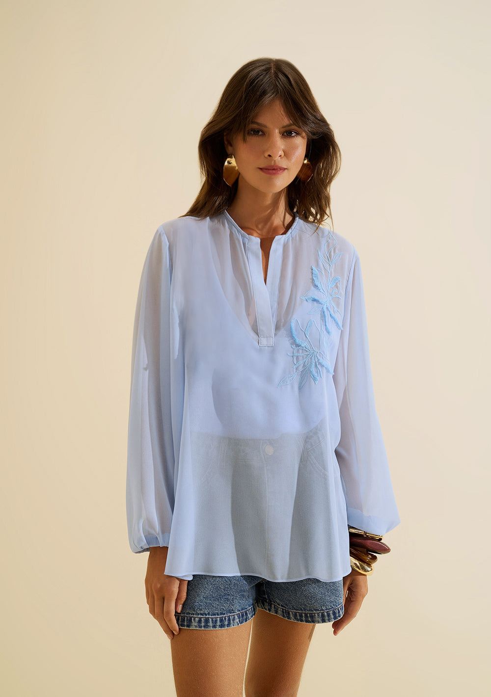Blusa Suelta Escote en V Mangas Largas
