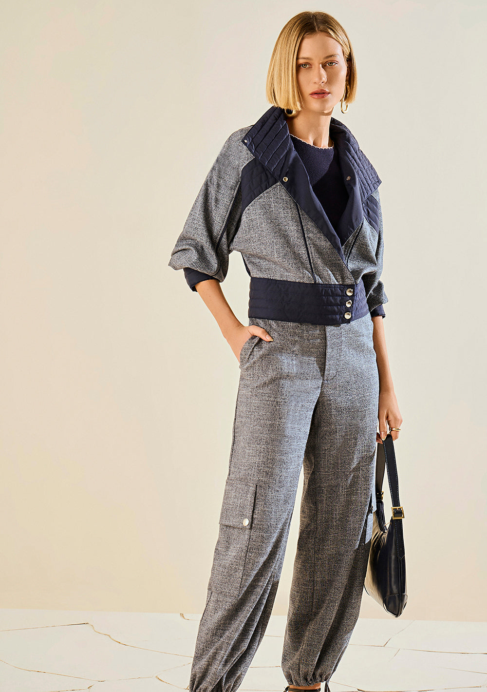 Conjunto de Chaqueta de Mangas Largas y Pantalón Cargo de Tiro Alto