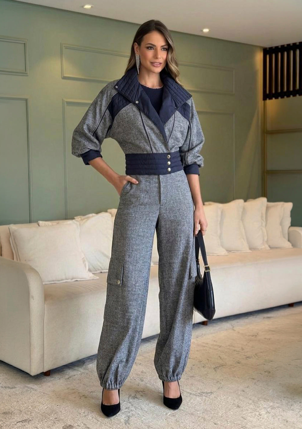 Conjunto de Chaqueta de Mangas Largas y Pantalón Cargo de Tiro Alto