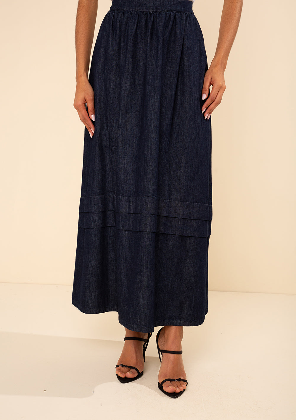 Pollera Jeans Midi Evasé Tiro Alto