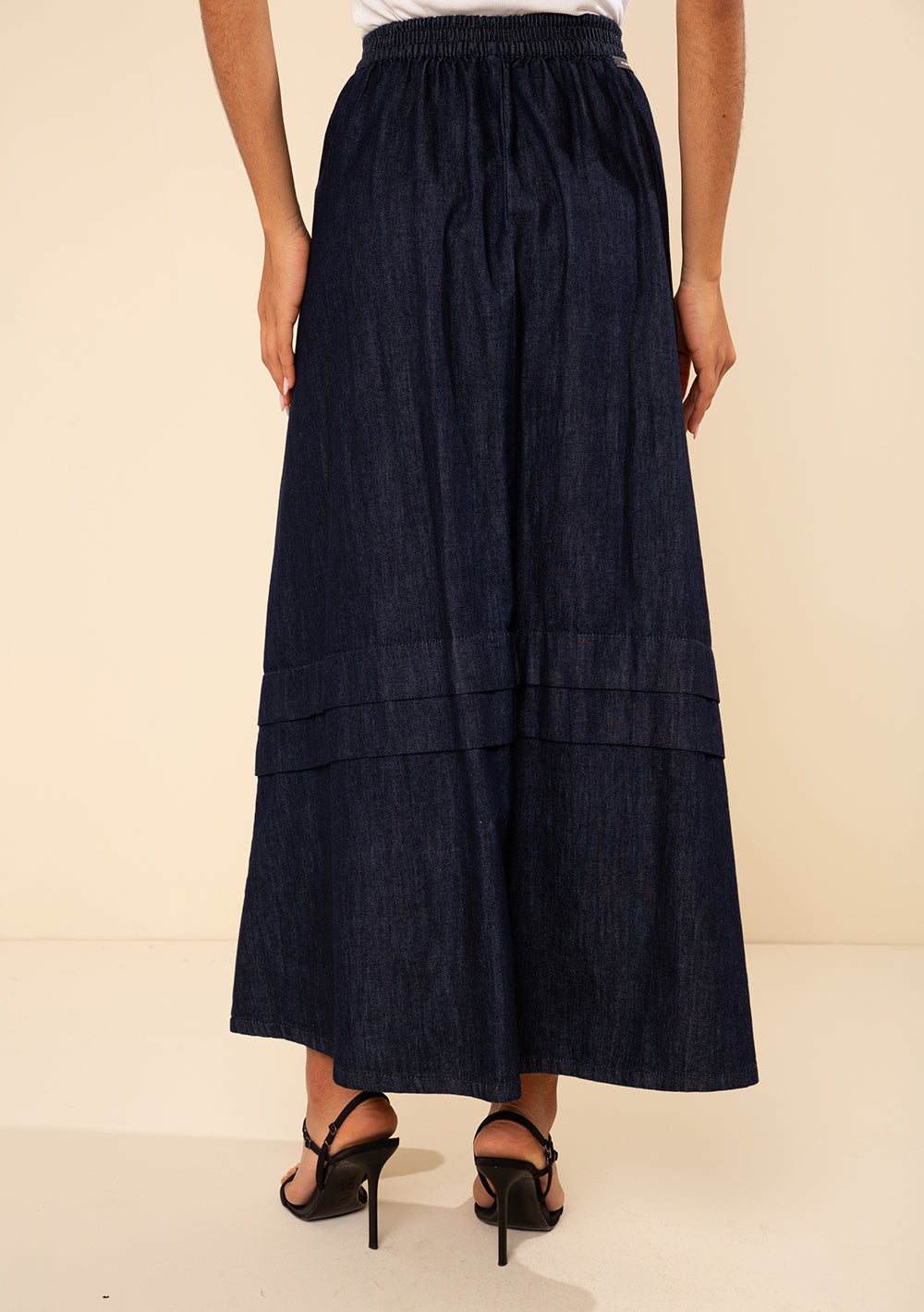 Pollera Jeans Midi Evasé Tiro Alto