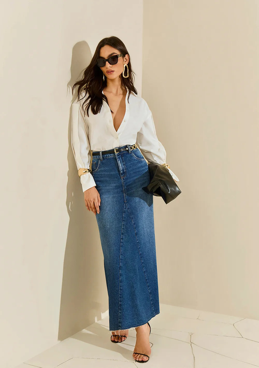 Pollera Jeans Evasé Larga Tiro Medio
