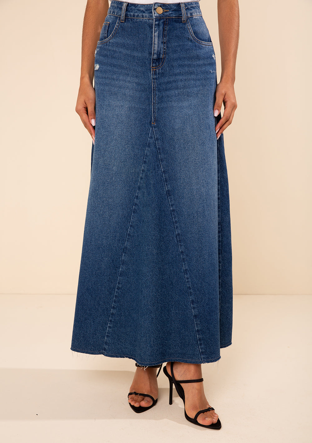 Pollera Jeans Evasé Larga Tiro Medio