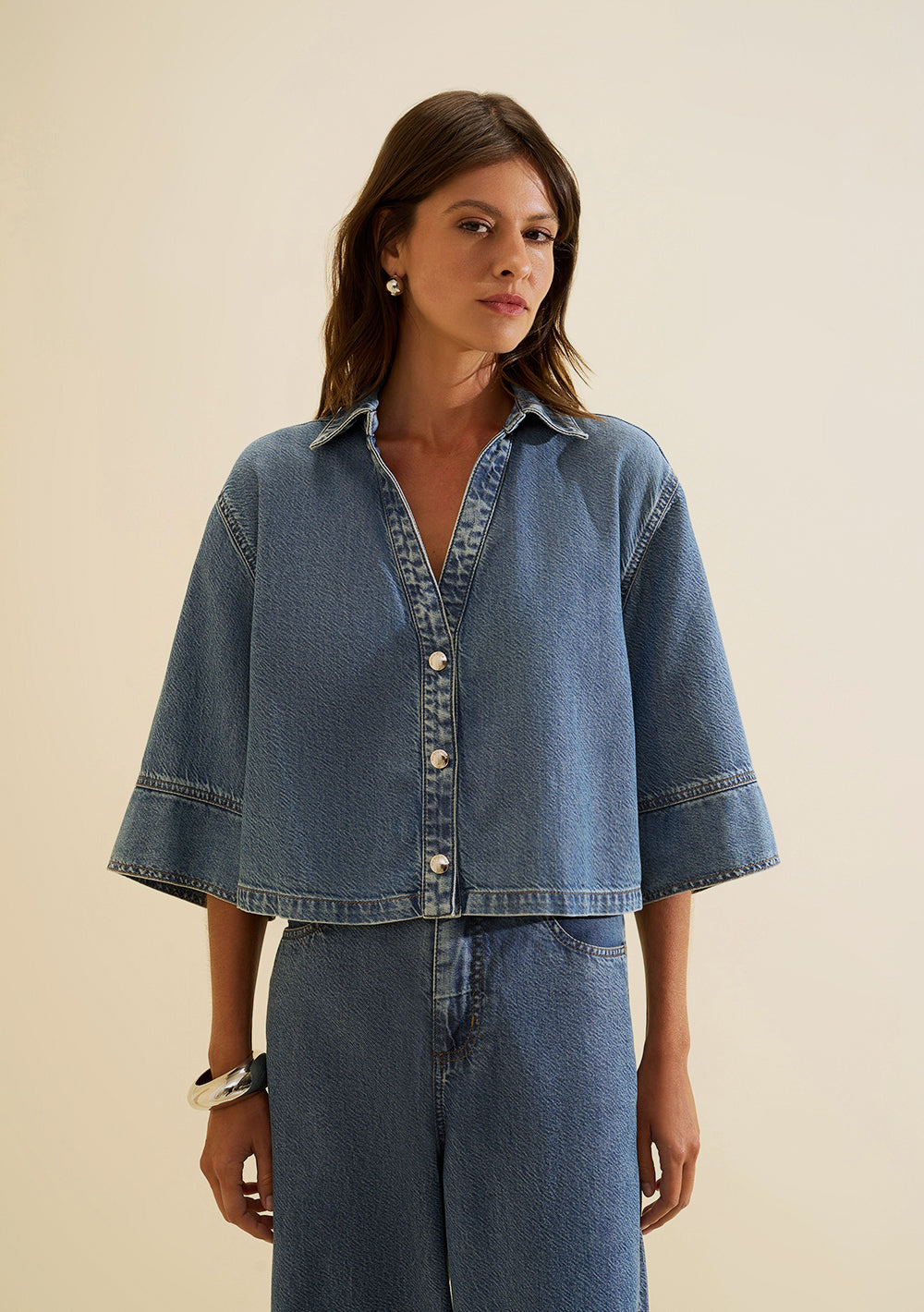 Camisa Cropped Suelta Polo Mangas 3/4