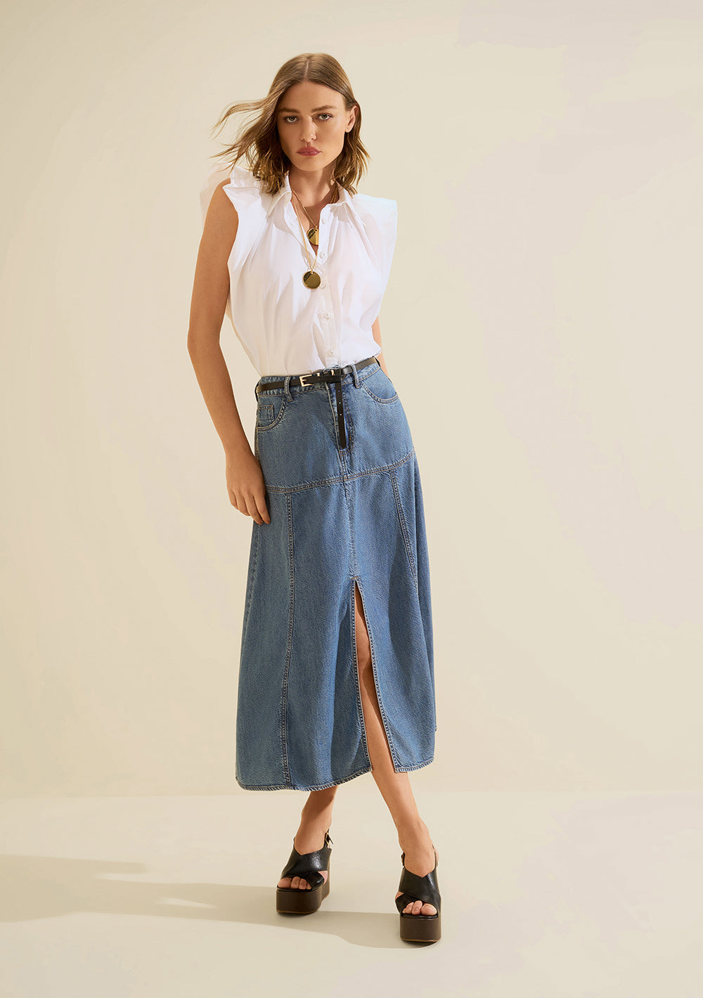 Pollera Jeans Midi Evasé Tiro Alto