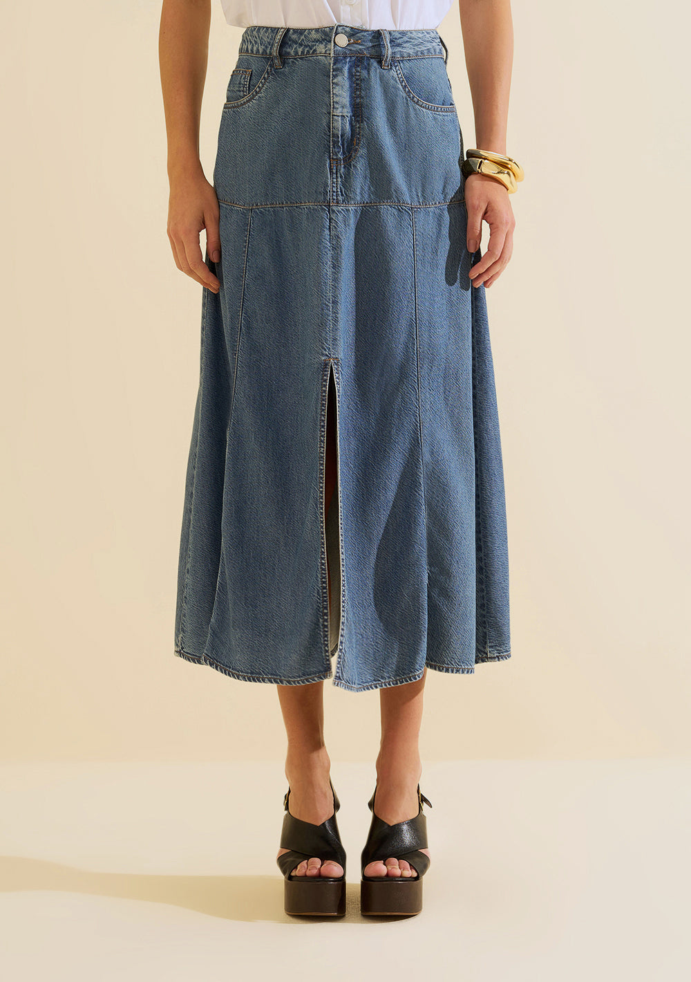 Pollera Jeans Midi Evasé Tiro Alto