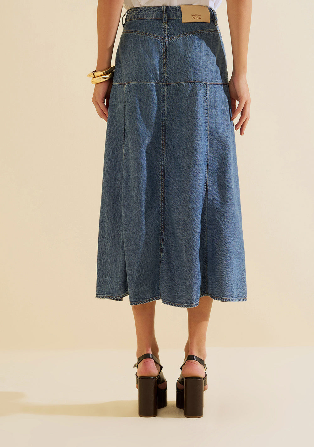 Pollera Jeans Midi Evasé Tiro Alto