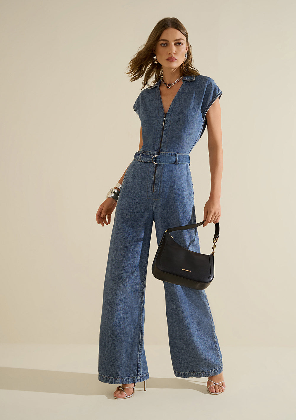 Enterizo Jeans Largo Suelto Escote en V Mangas Cortas