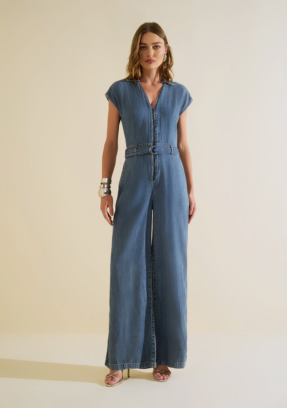 Enterizo Jeans Largo Suelto Escote en V Mangas Cortas