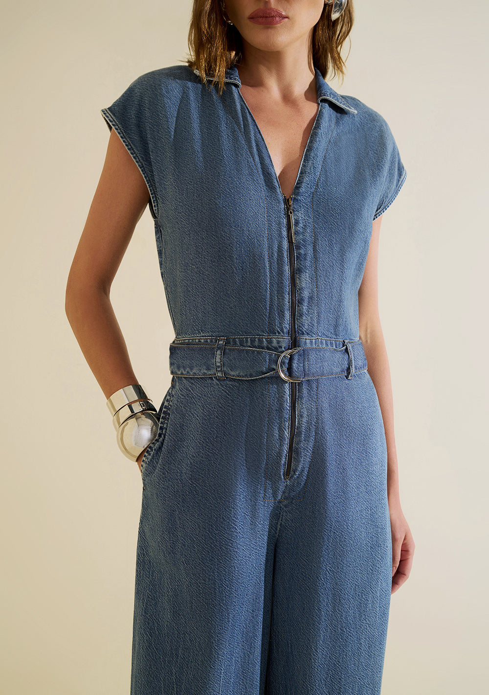 Enterizo Jeans Largo Suelto Escote en V Mangas Cortas