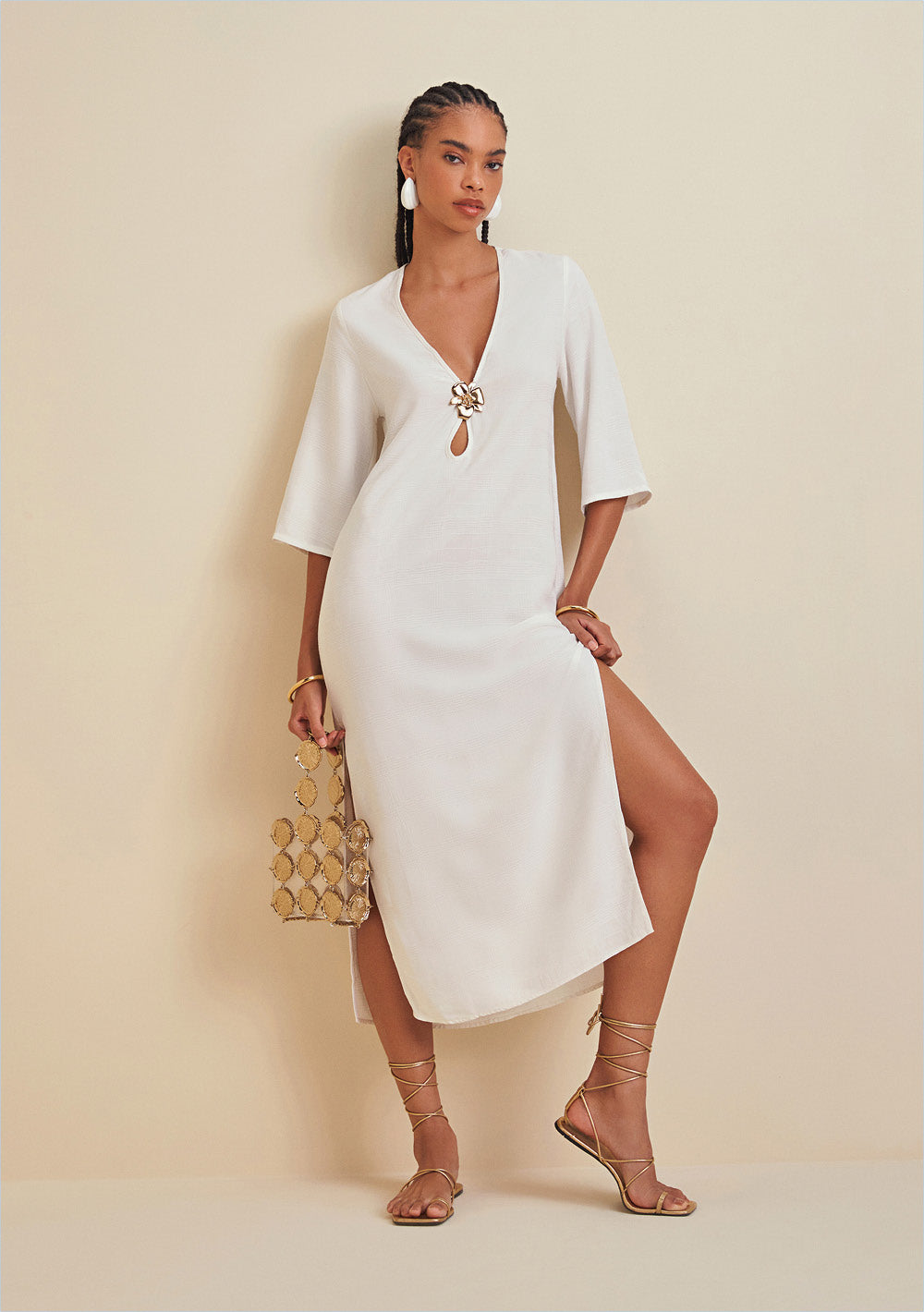 Vestido Midi Escote en V Con Detalle Metálico