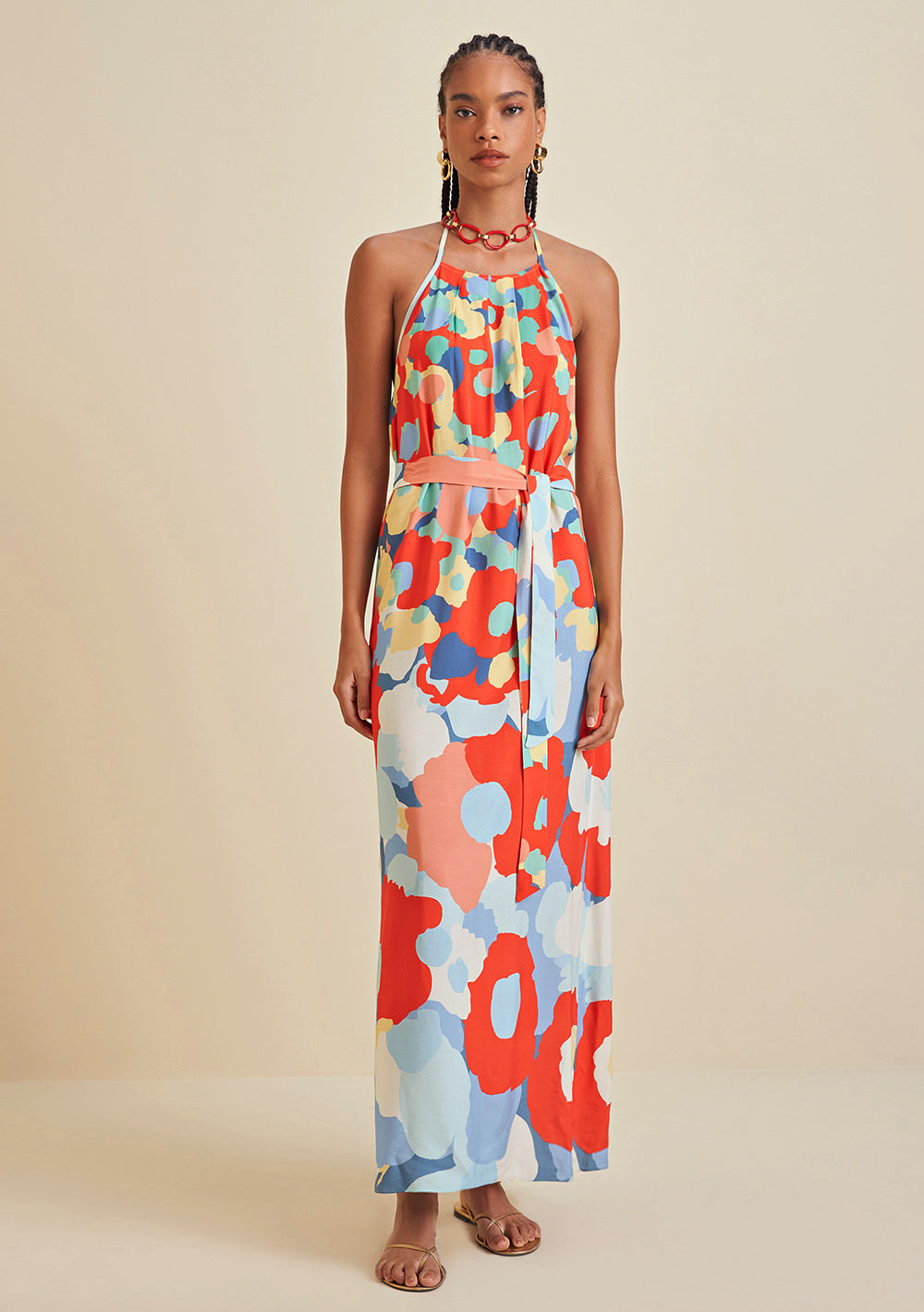 Vestido Largo Cuello Francés Con Fruncido