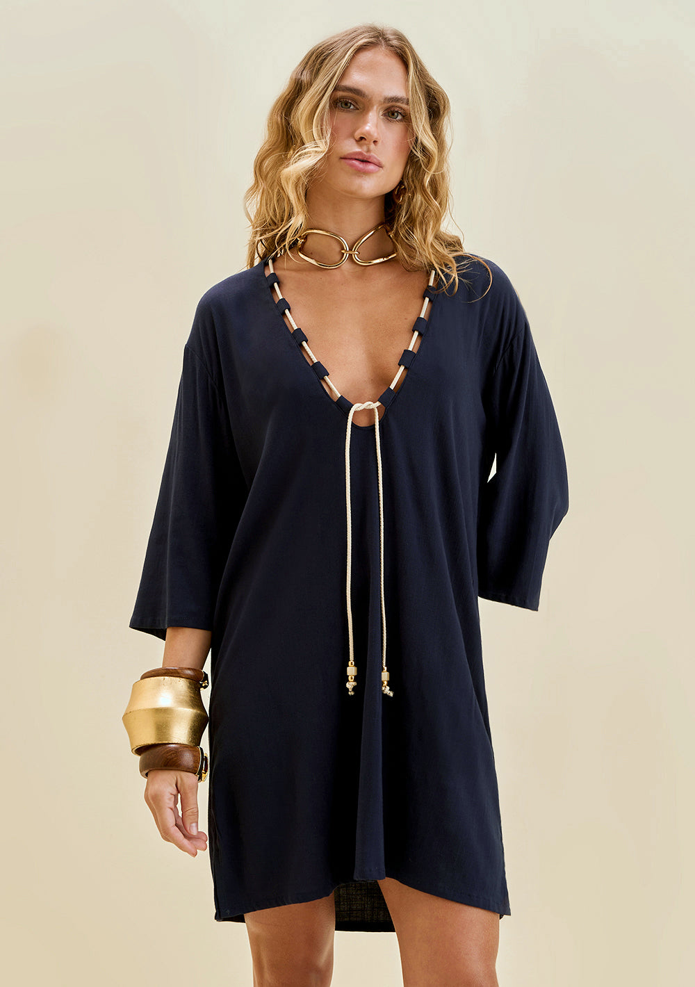 Vestido Suelto Escote en V Mangas 7/8 Corto