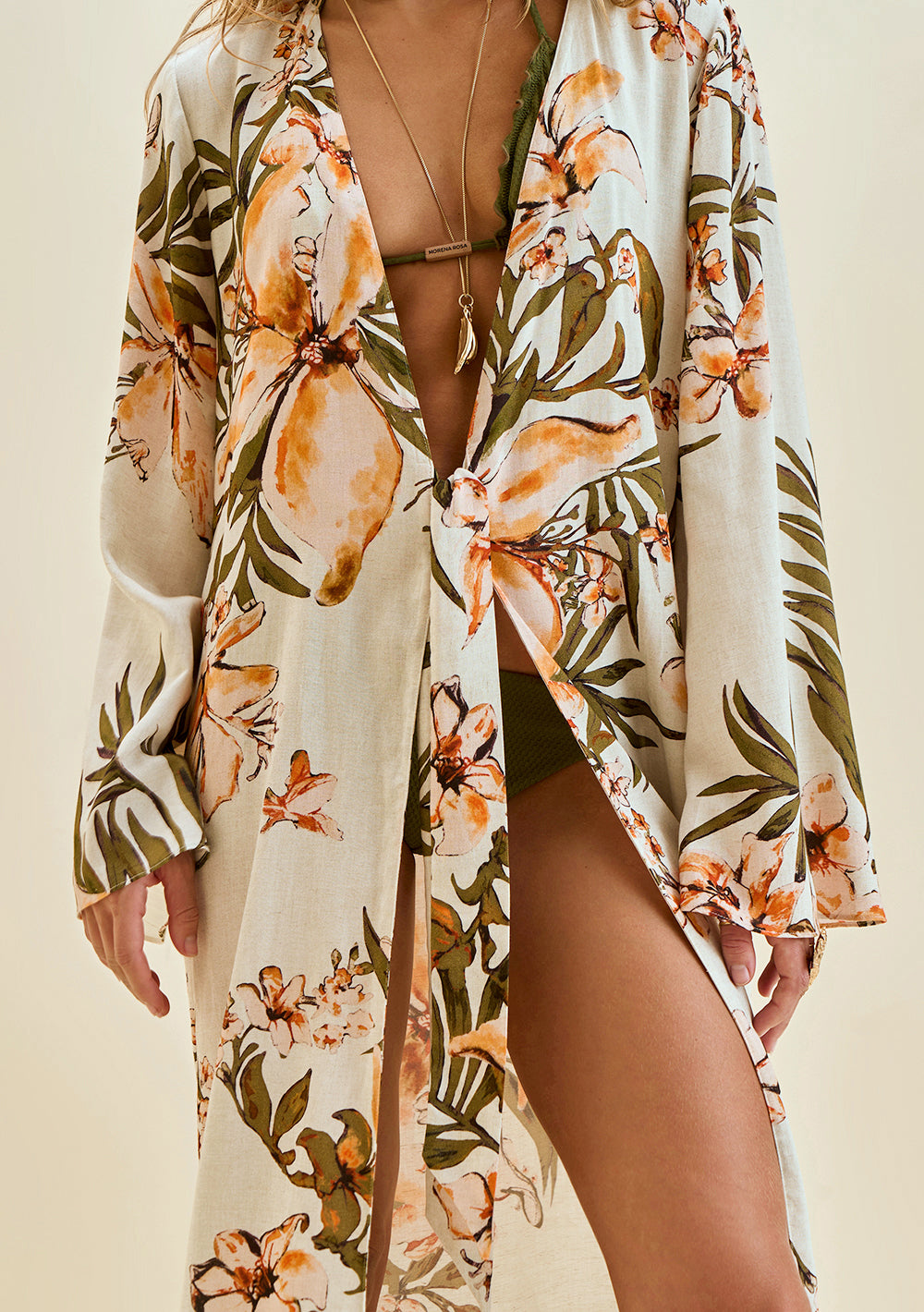 Vestido Suelto Escote en V Mangas Largas Midi