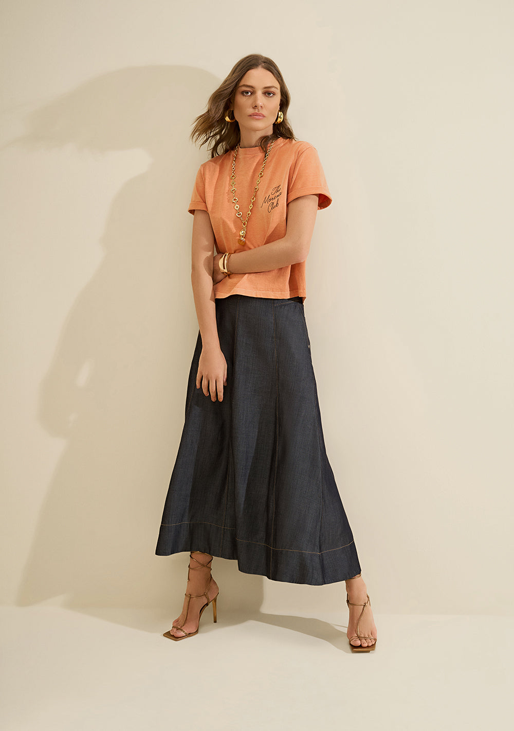 Pollera Jeans Midi Evasé Tiro Alto