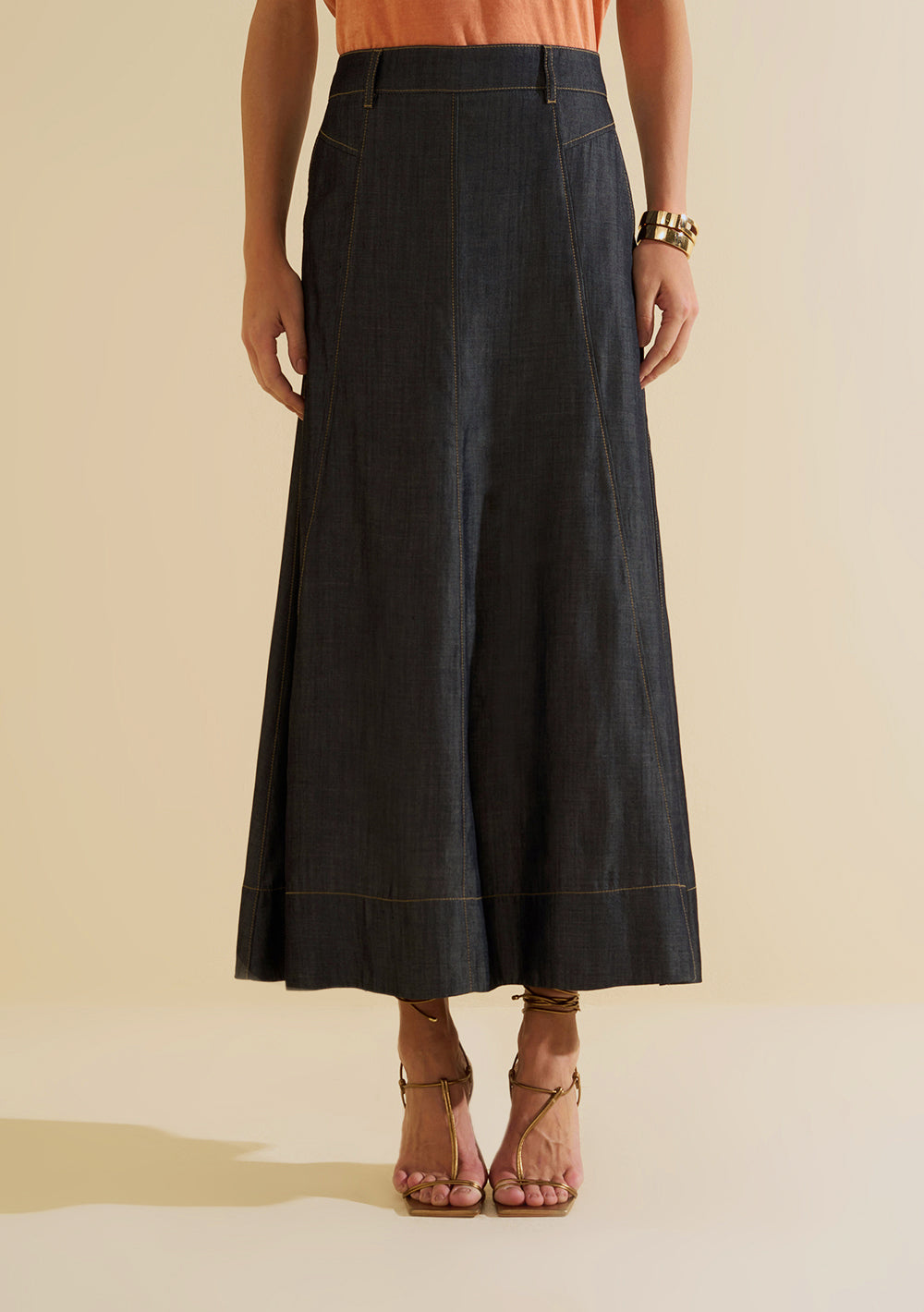 Pollera Jeans Midi Evasé Tiro Alto