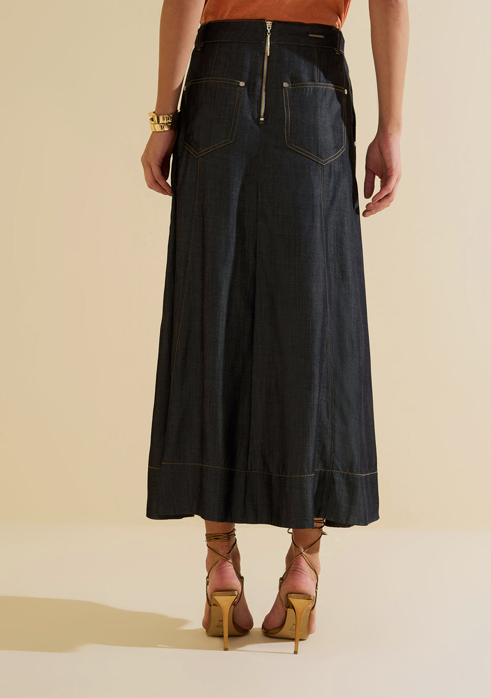 Pollera Jeans Midi Evasé Tiro Alto