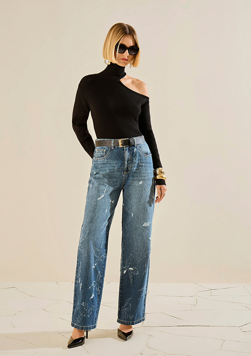 Blusa Suelta Cuello Alto Mangas Largas