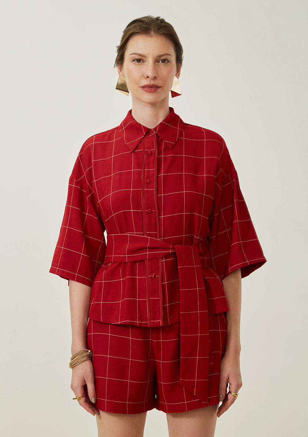 Camisa Suelta Cuello Clásico Mangas Cortas