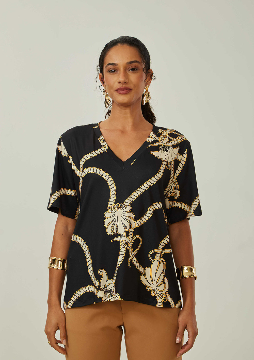 Blusa Suelta Escote en V Mangas Cortas
